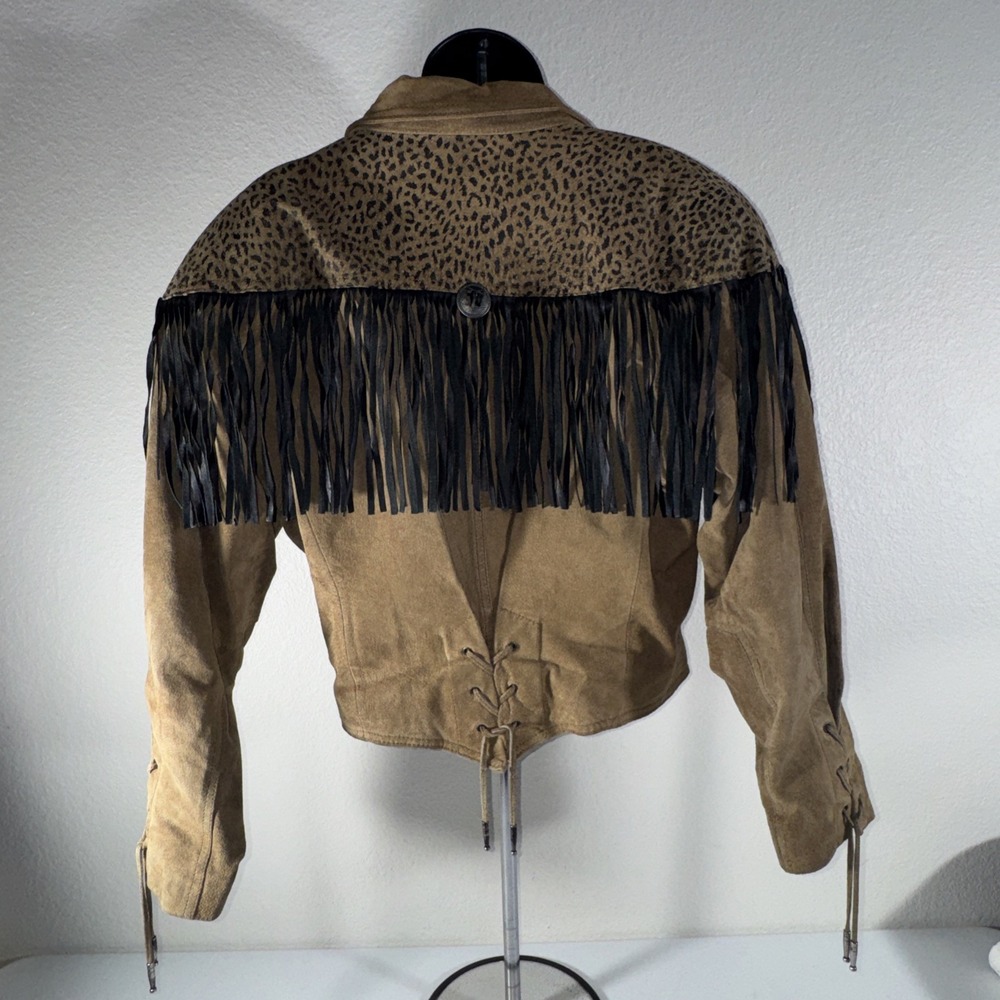 Vintage 80s Bermans Leopard Suede Cowgirl Jacket Leather Western Fringe Medium